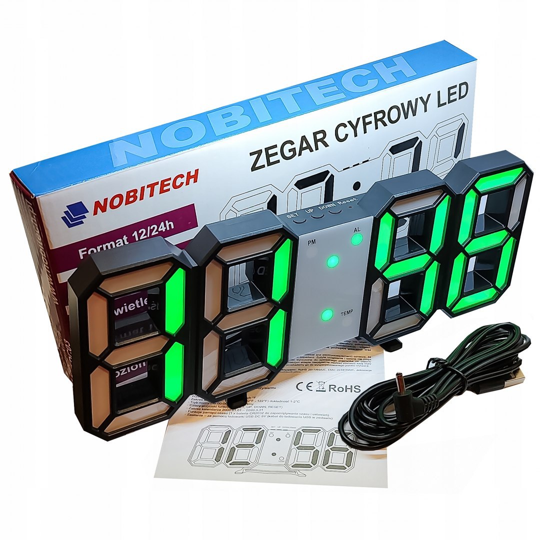 Duży zegar DC03 ścienny stołowy zielony LED elektroniczny cyfrowy data