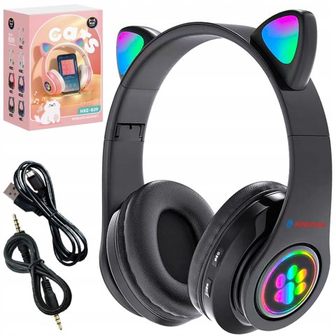 Słuchawki dla dzieci kocie uszy nauszne BT LED RGB - B39C-B