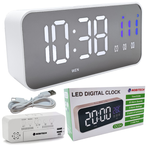 Zegar elektroniczny NOBITECH DC04 biały LED stojący budzik temperatura