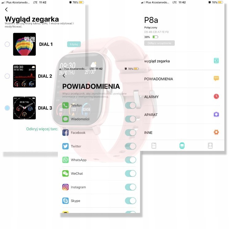 Zrzuty ekranu z aplikacji do Smartbanda P8