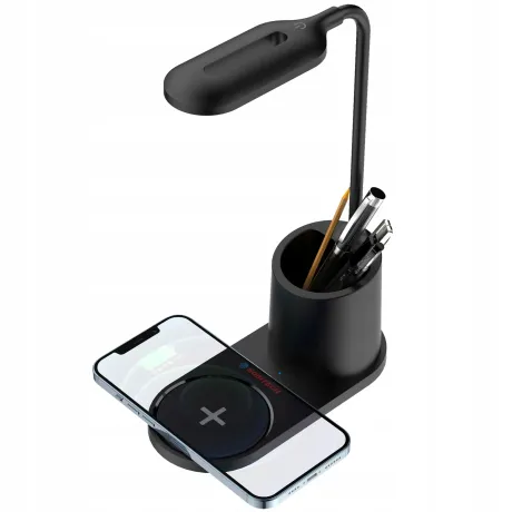 Lampka na biurko ładowarka indukcyjna organizer na długopisy czarna HT-513-CZ