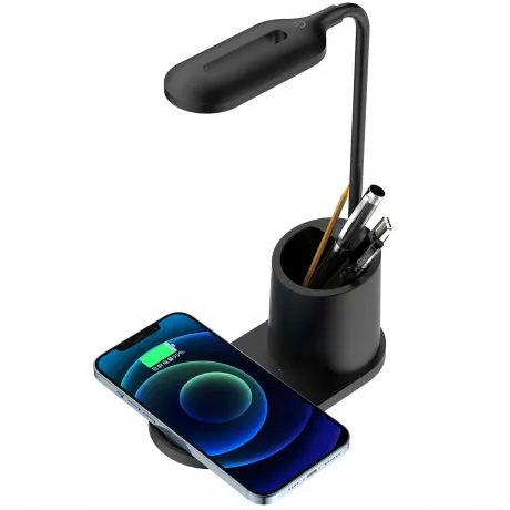 Lampka na biurko ładowarka indukcyjna organizer na długopisy czarna HT-513-CZ