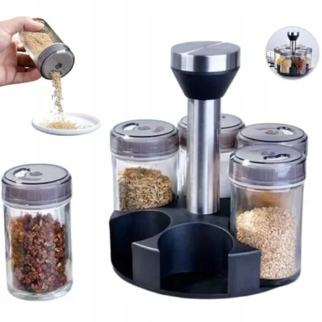 Organizer na przyprawy obrotowy pojemniki szklane 6 sztuk 27046