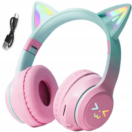 Słuchawki bezprzewodowe dla dzieci kocie uszy różowo-turkusowe BH100-KIDS-RT